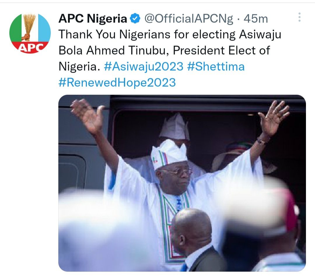Thank you for electing Asiwaju Bola Ahmed Tinubu- APC tells Nigerians