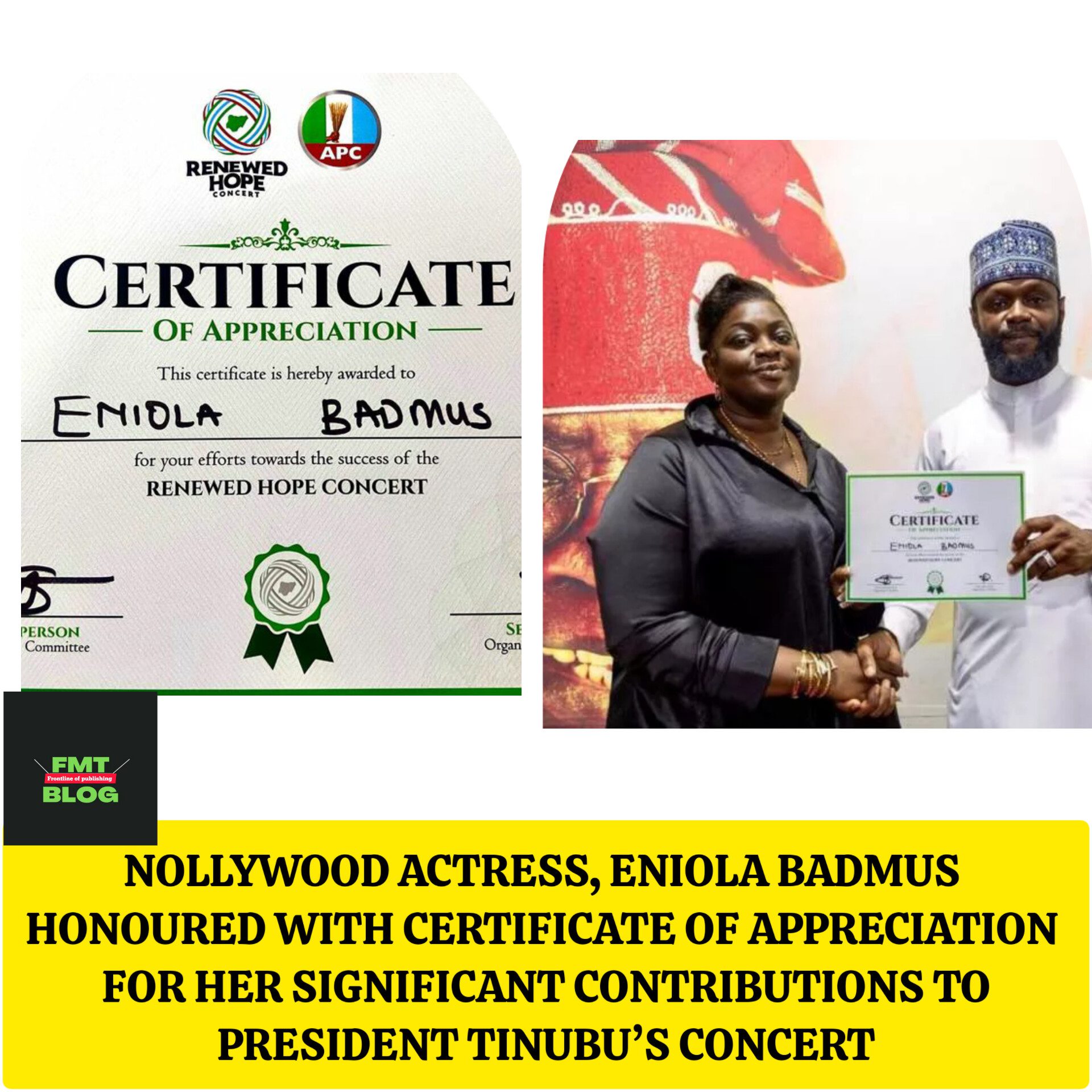 Nollywood Actress, Eniola Badmus Honoured with Certification of Appreciation for her significant contributions to President Tinubu’s Concert (Photos, Video)