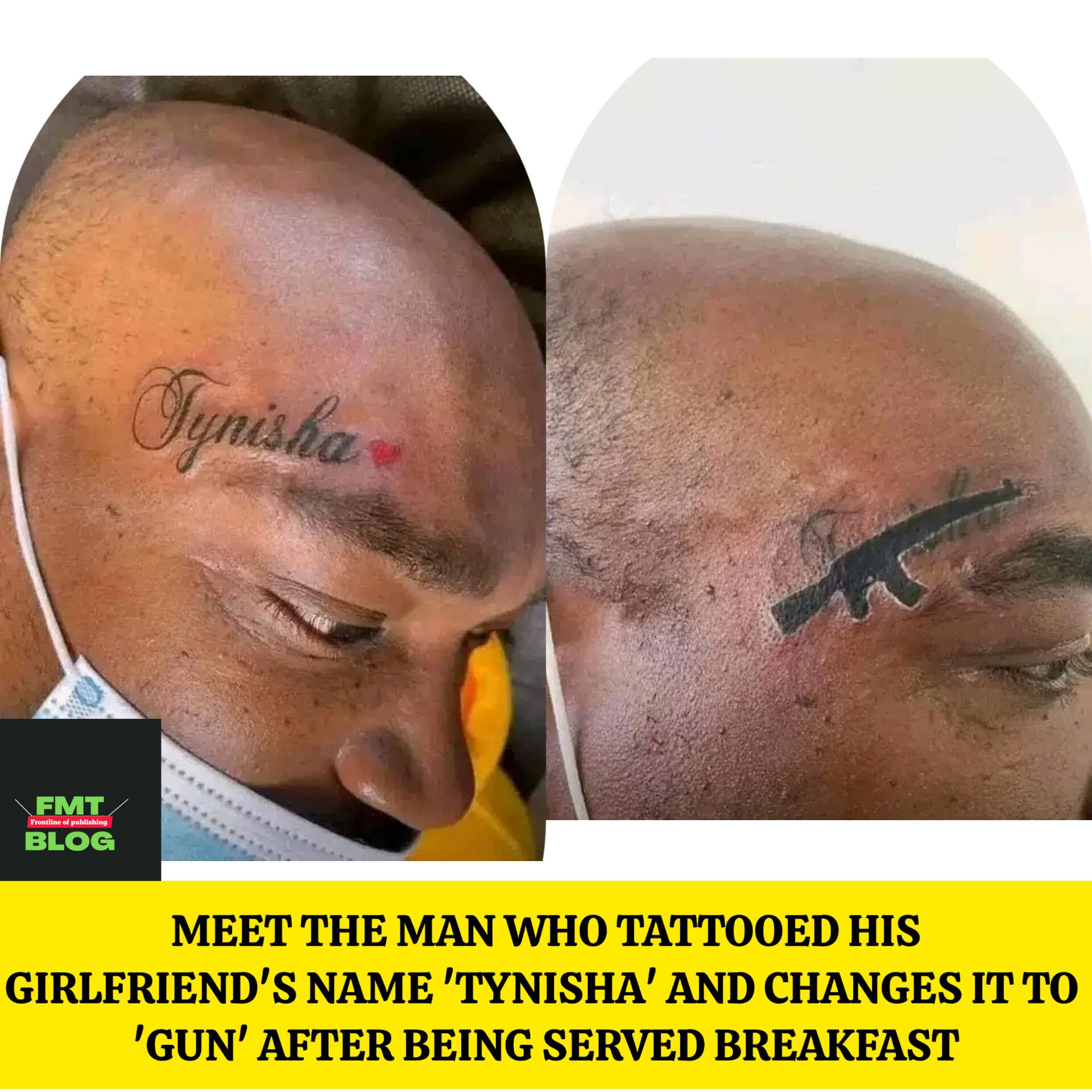 Meet the man Who Tattooed His Girlfriend’s Name ‘Tynisha’ and Changes It To ‘Gun’ After Being Served breakup (Photos)