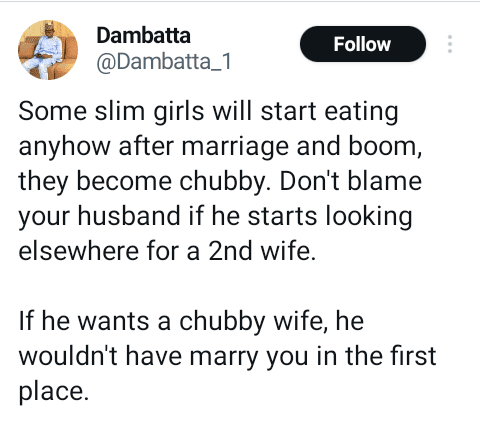 ‘Don’t Blame Your Husband If He Starts Looking Elsewhere for a 2nd Wife’ – Nigerian Man Tells Women Who Become ‘Chubby’ After Marriage