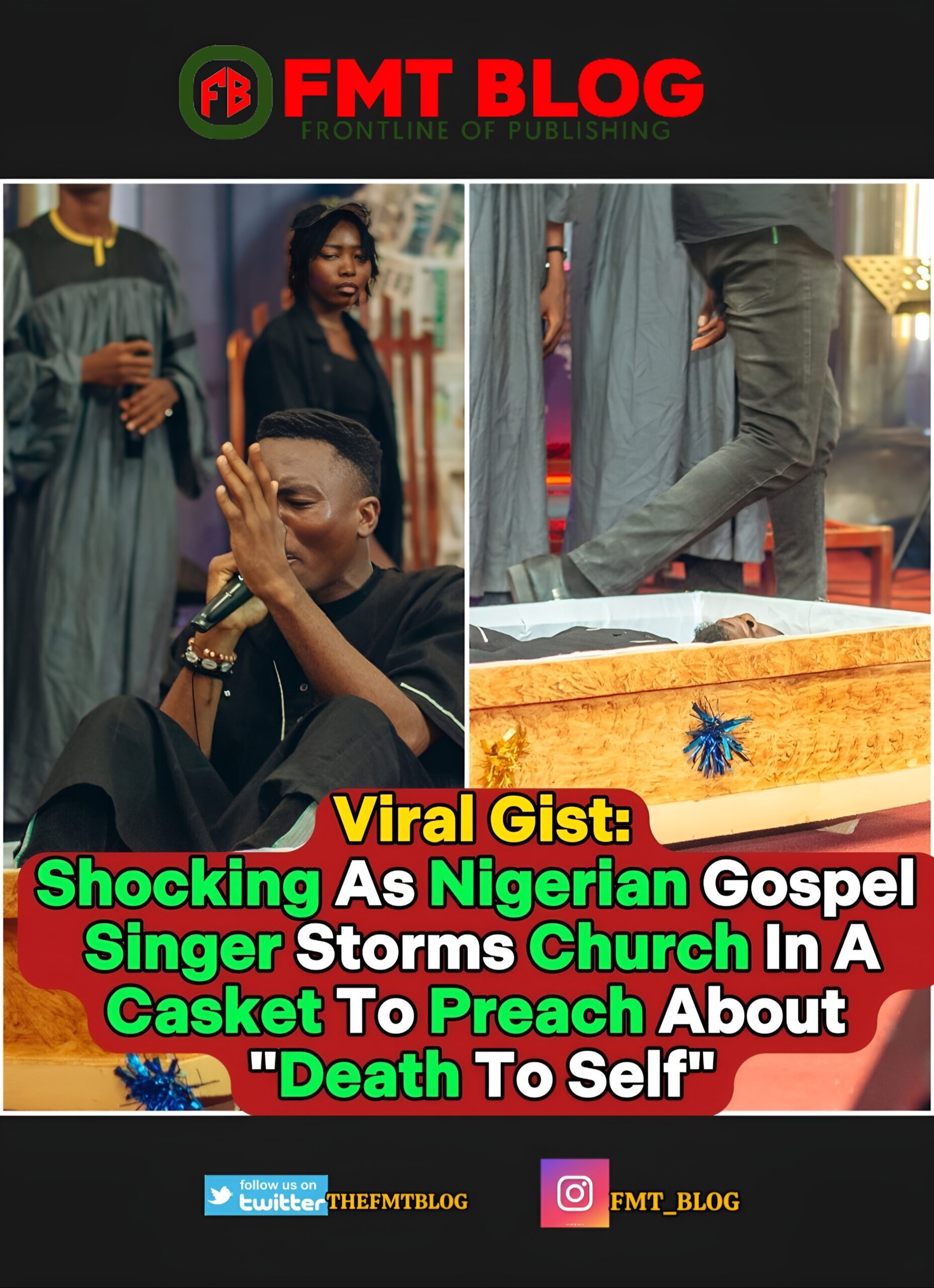 Shocking As Nigerian Gospel Singer Storms Church In A Casket To Preach About ”Death To Self” (Photos)