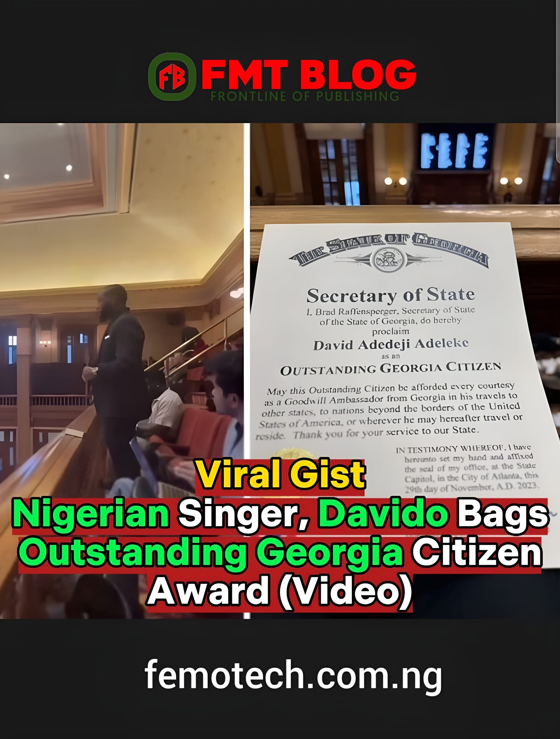 Nigerian Singer, Davido Bags Outstanding Georgia Citizen Award (Video)