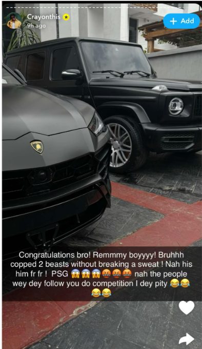 Singer Crayon shows off two new cars his colleague Rema bought