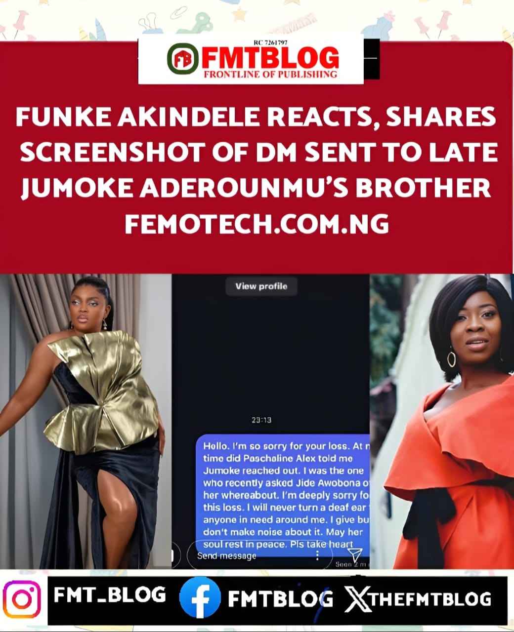 Funke Akindele Reacts, Shares Screenshot Of DM Sent To Late Jumoke Aderounmu’s Brother