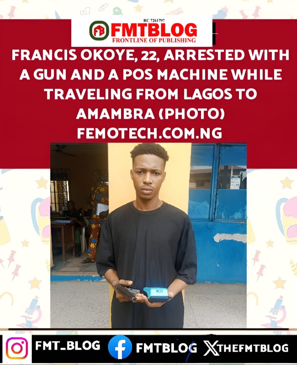 Francis Okoye, 22, Arrested With A Gun And A POS Machine While Travelling From Lagos To Anambra (PHOTO)