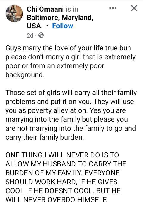 Men Don’t Marry A Girl From An Extremely Poor Background- Nigerian Lady Urges Men