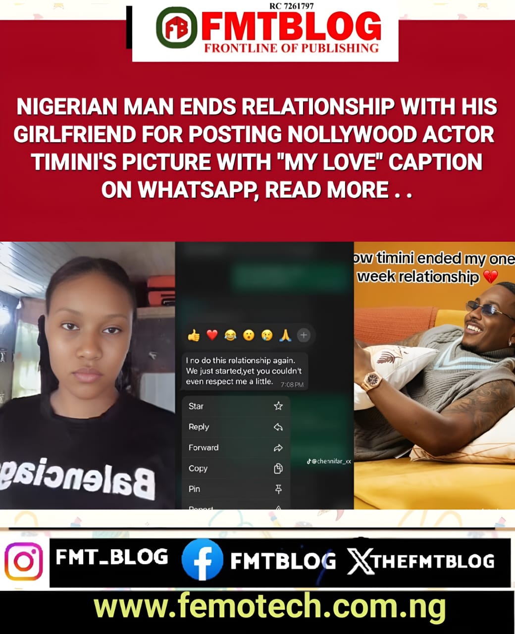 Nigerian Man Ends Relationship With His Girlfriend For Posting Nollywood Actor Timini’s Picture With “My Love” Caption On WhatsApp(Screenshots)