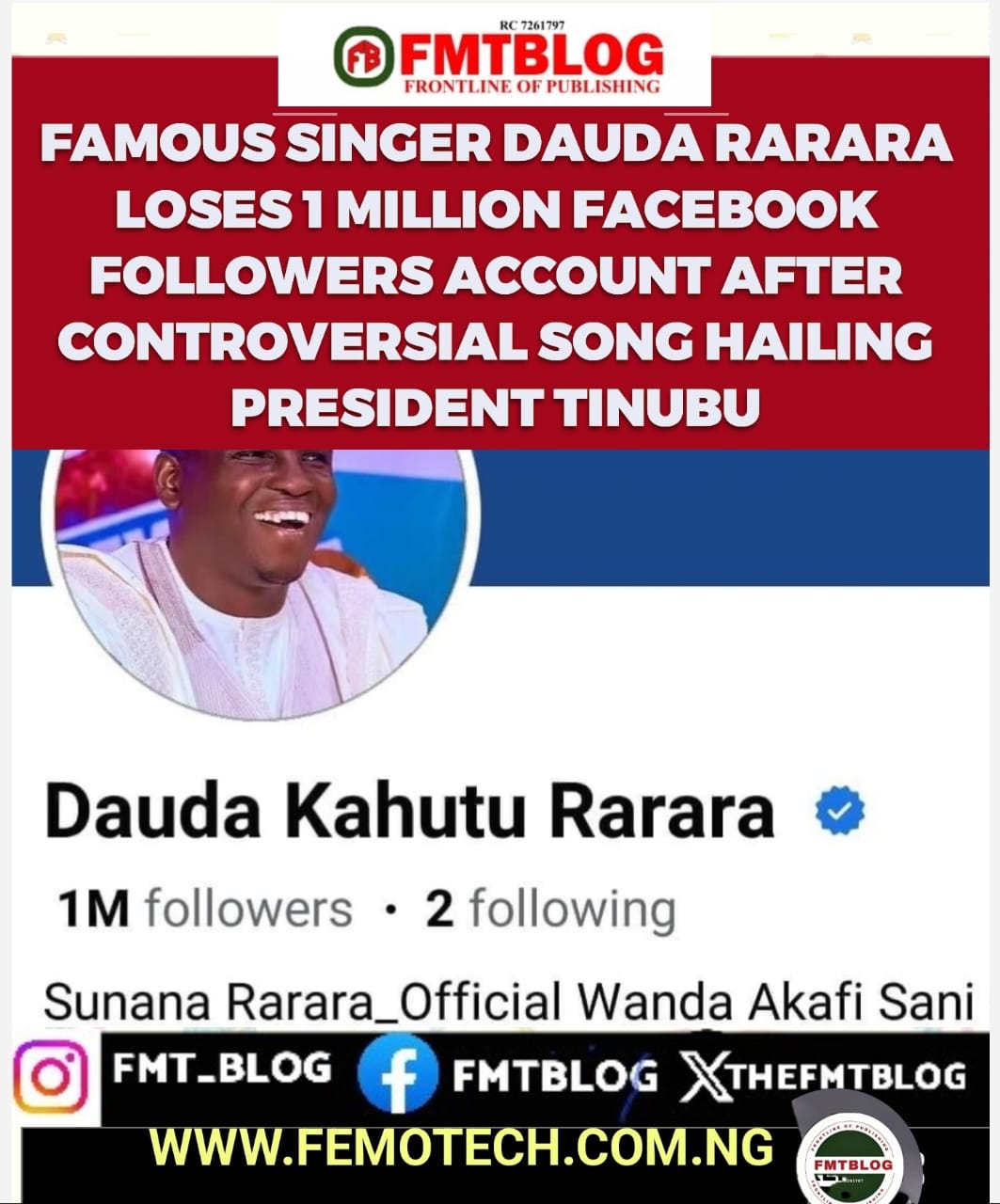 Famous Singer Dauda Rarara Loses 1 Million Facebook Followers Account  After Controversial Song Hailing Tinubu