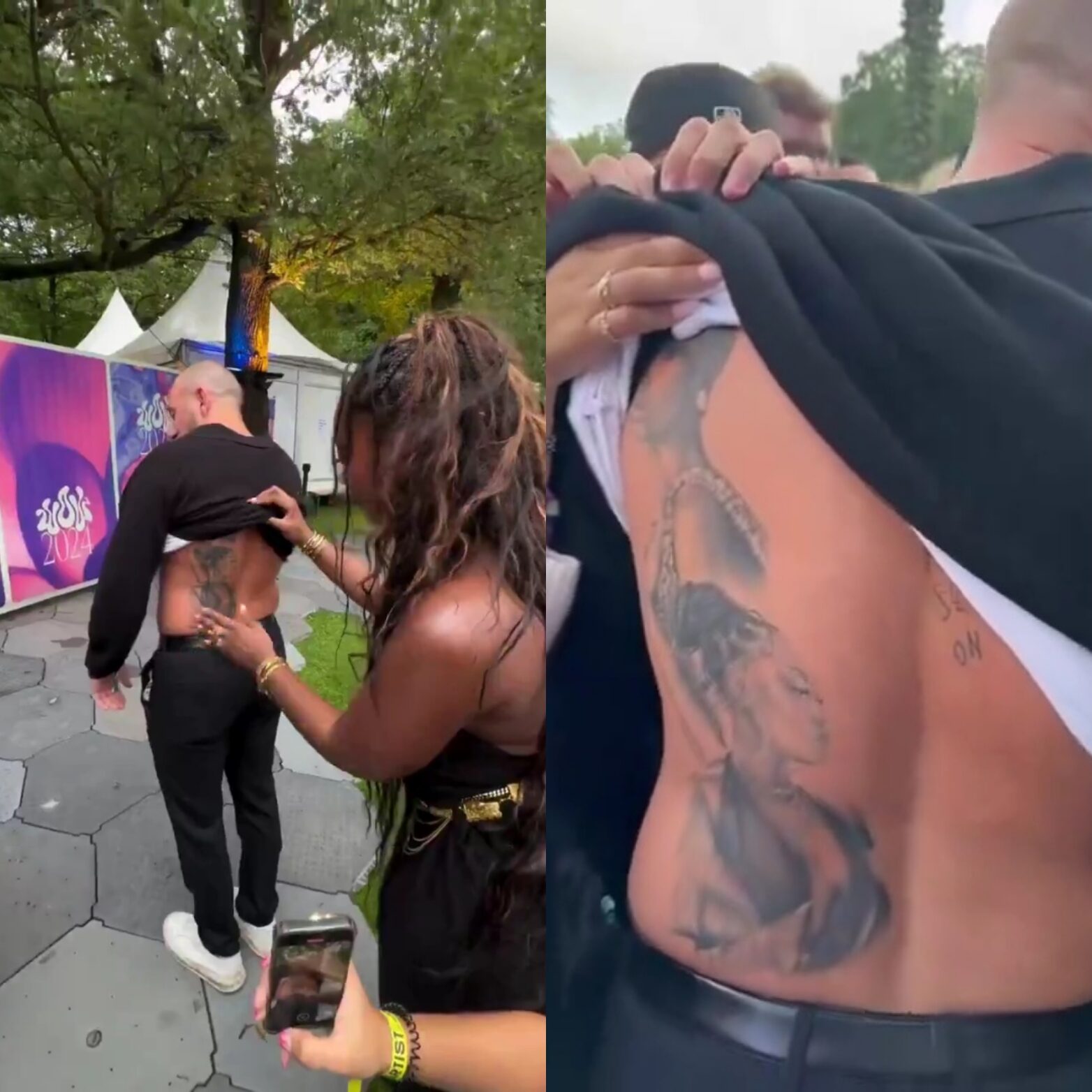 Tems, Nigerian Singer Stunned By A Display Of Fandom After Meeting A Male Fan Who Tattooed Her Face Oh His Back (VIDEO)