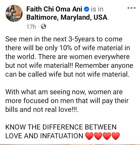 Only 10% Of 'Wife Material' Will Be Left In The World In Three To Five Years-US-Based Nigerian Lady Urges Men