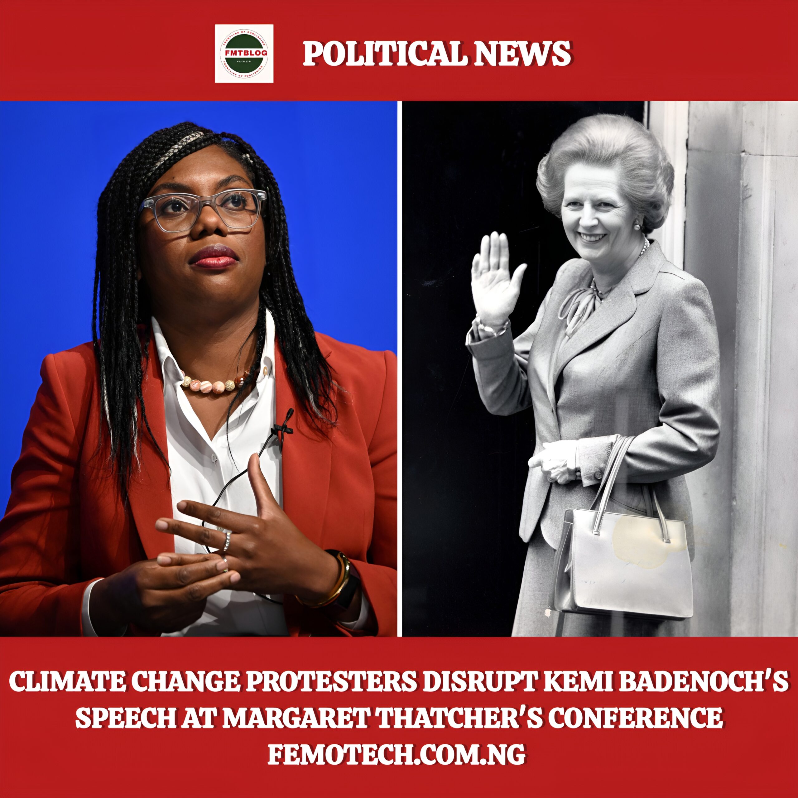 Climate Change Protesters Disrupt Kemi Badenoch’s At Margaret Thatcher’s Conference